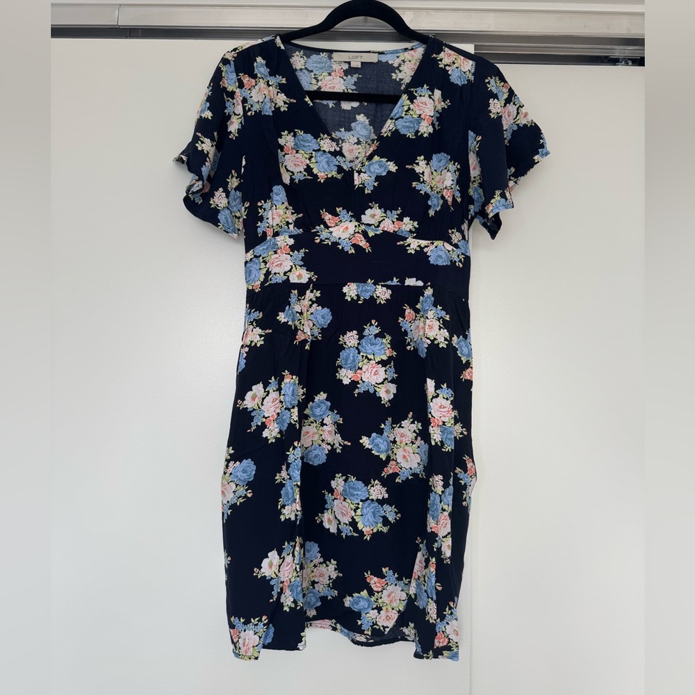 LOFT Navy Floral V-neck Dress 8
